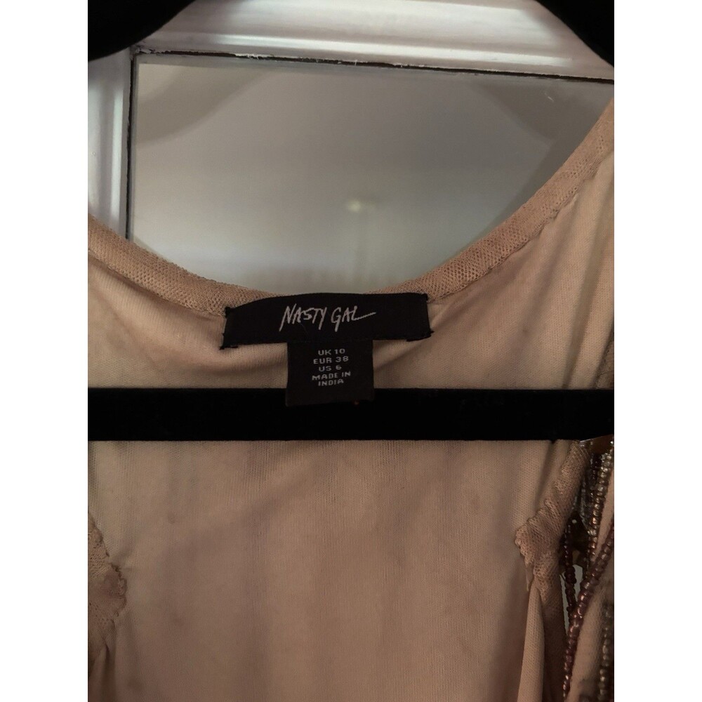 Nasty Gal Women's Beige Mesh Sheer Star Sequin Beaded Mini Dress Top US 6 - Picture 2 of 9